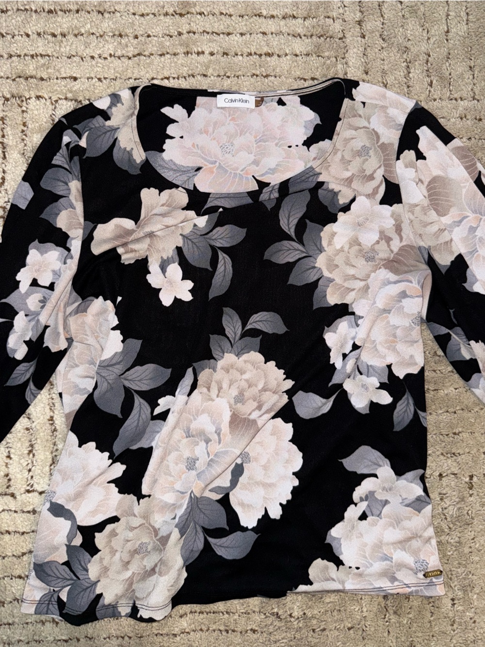Calvin Klein Black Long-Sleeve Floral Scoop Neck Top